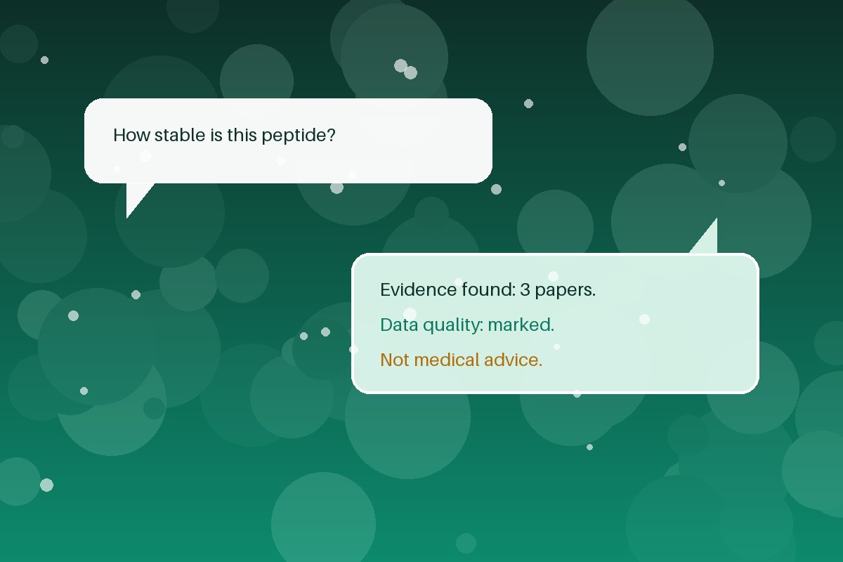 AI consultation portal answering a peptide science question with literature citations — Panacea Bio Chem